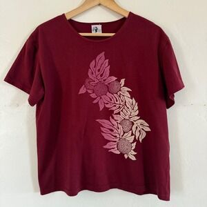 VTG Hawaiian Island Girl Ulu Graphic Shirt Maroon Boxy Fit Womens Size Medium